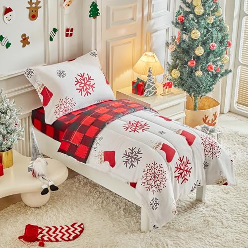 Image of Christmas Toddler Bedding Set for Boys Girls Red White Sock Colorful Holiday 4PC Toddler Bed Set - Cute Toddler White Bed in a Bag with Gray Red Snowflake