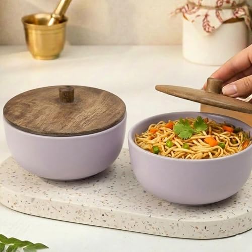Image of The Earth Store Solid Lavender Ceramic Bowl Set of 2 with Lid, 500ML | Microwave & Dishwasher Safe Snack Bowl, Ceramic Bowl, Stylish Serving Bowls for Home, Office & Gifting