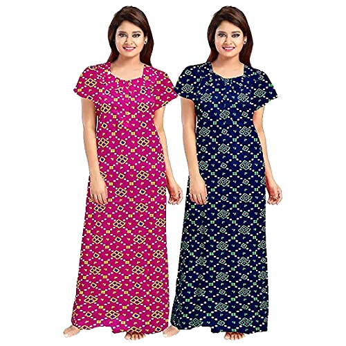 Image of YUKATA Nighty for Women Cotton Printed Maxi Gown Ankle Length Nighty Night Dress Gown for Women Maxi - Free Size (Pack of 2)