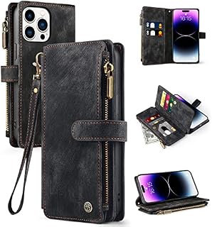 Vofolen for iPhone 14 Pro Case Wallet Case with Card Holder Slots Leather Wallet Flip Stand Case Wristlet Zipper Magnetic Closure Shockproof Protective Case Cover for iPhone 14 Pro Phone Case-Black