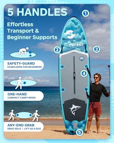 Image of Flyski 11'x34 Ultra Wide Paddle Board, Inflatable Paddle Board&420lb Capacity for All Skill, Inflatable Paddle Board for Adults, Yoga /Family /Fishing Paddle Board, Anti-Slip Deck, US Fin, Pump,100L Bag
