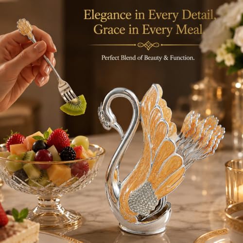 Image of Decorative Swan Fork Holder with Fork Set | Elegant Silver & Gold Finish | Tabletop Dining Organizer | Home Decor & Dining Table Accessory