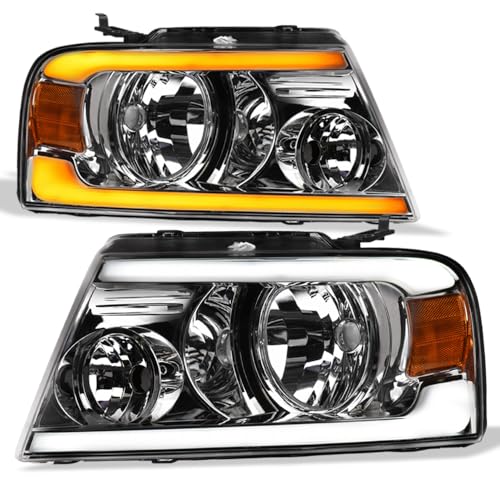 TLAPS 7422443826819 Compatible With 2004-2008 Ford F150 / 2006-2008 Lincoln Mark LT Switchback Sequential LED Strip Bar Chrome Housing Headlights With Amber Reflector