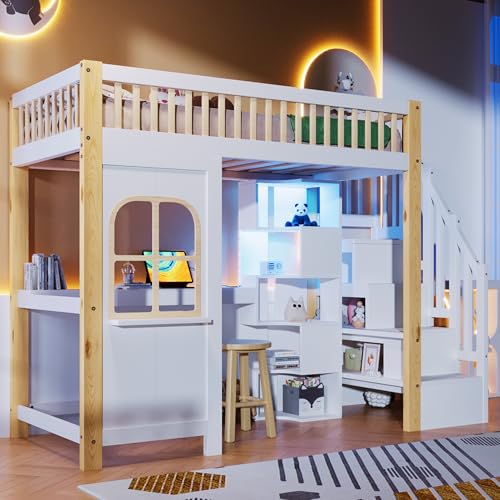 Aunvla Cama alta, 90 x 200 cm, con luces LED, forma de ventana, escalera, compartimento de almacenamiento abierto, escritorio, enchufe, sin colchón, blanco y natural