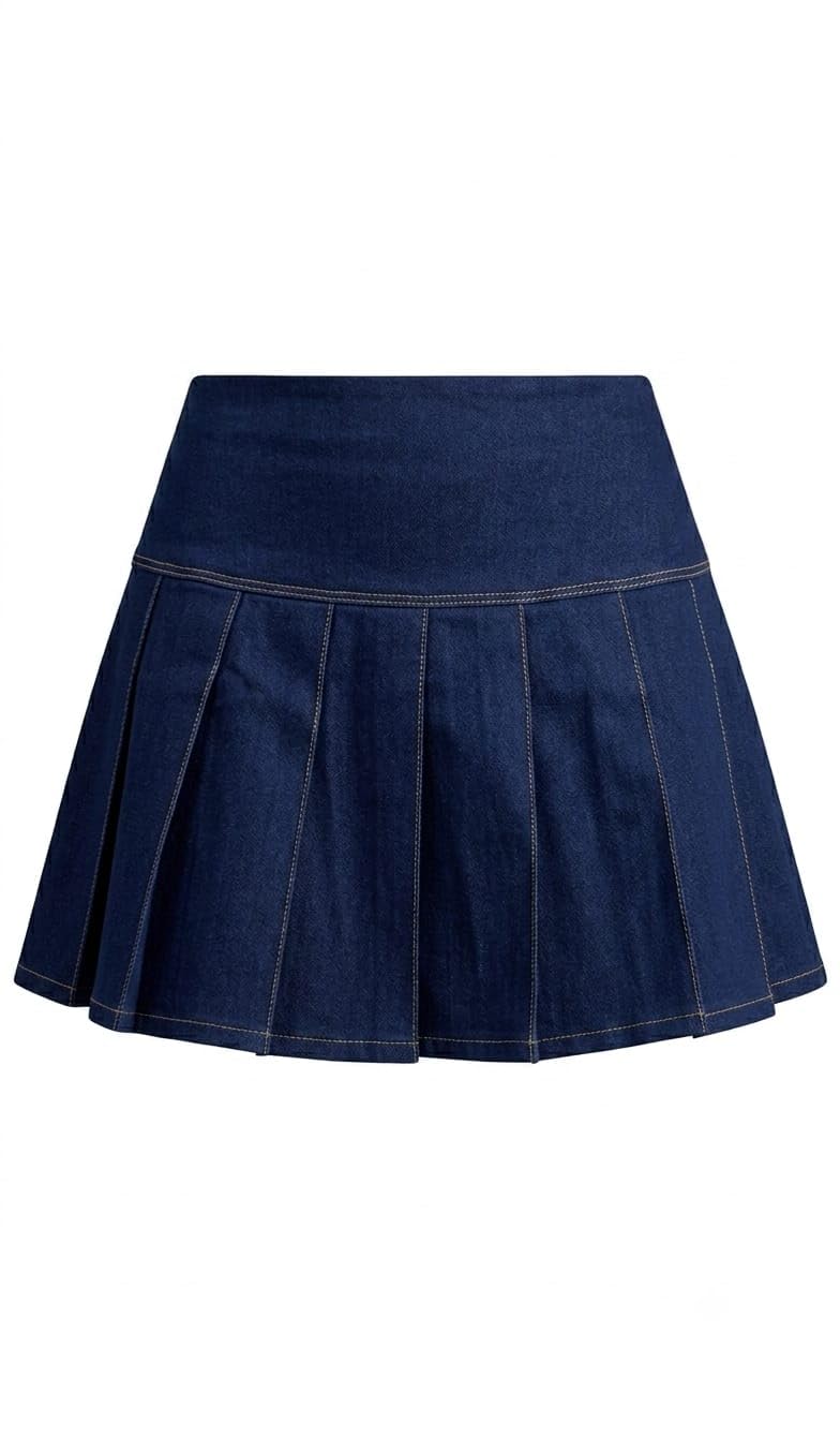 Women's Dark Blue Denim Pleated Mini Skirt High-Rise Waist-image-28