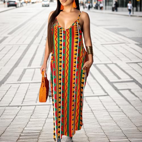 Image of Women's Casual Summer Maxi Dresses Sleeveless Adjustable Spaghetti Strap Loose Plus Size Dresses