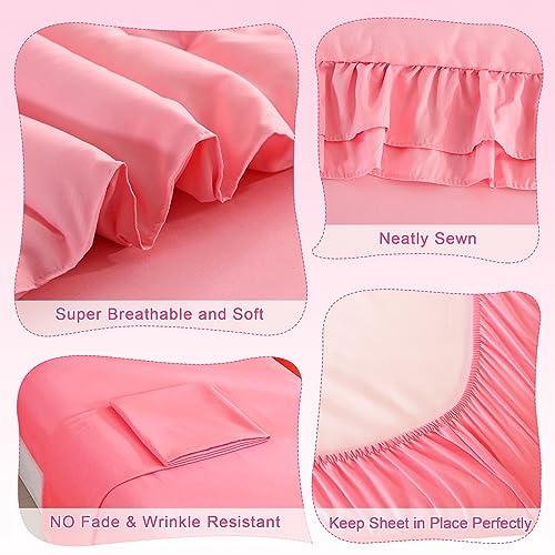 Image of Toddler Bedding Set for Girls, 4 Piece Double Ruffles Soft and Breathable Toddler Bed Sheets with Boho Toddler Comforter, Fitted Sheet, Flat Sheet and Pillowcase, Pink
