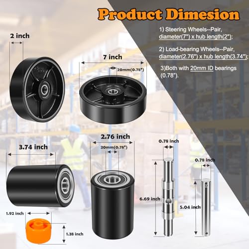 Image of Fit for Crown PTH50 Pallet Jack /Truck Full Wheel Replacement Kit, Pair Steering Wheels 7 inch x 2 inch, Pair Front Load Roller 2.76 inchx 3.74 inch, with Pre-Installed Bearings, Axles, PU Tread, Pins, Entry Roller