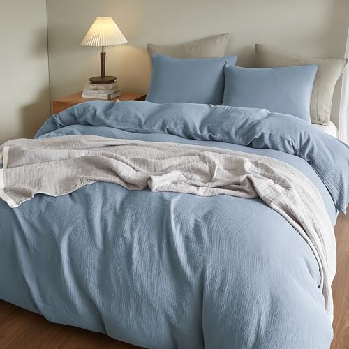 SE SOFTEXLY Muslin Duvet Cover Queen Size, 100% Washed Cotton Duvet Cover Set, Ultra Soft Comforter Cover Linen Like, 3 Pieces Minimalist Gauze Duvet Cover with 2 Pillowcases, 90"x90", Blue