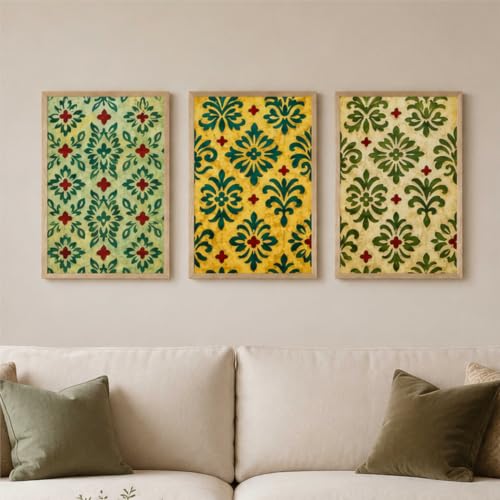 Image of Livin'luxe Set of 3 Green Floral Pattern Wall Paintings for Living Room Bedroom Hallway Home Decor with Premium Wooden Color Synthetic Frame (13.5 x 19.5 Inch) NM03-77