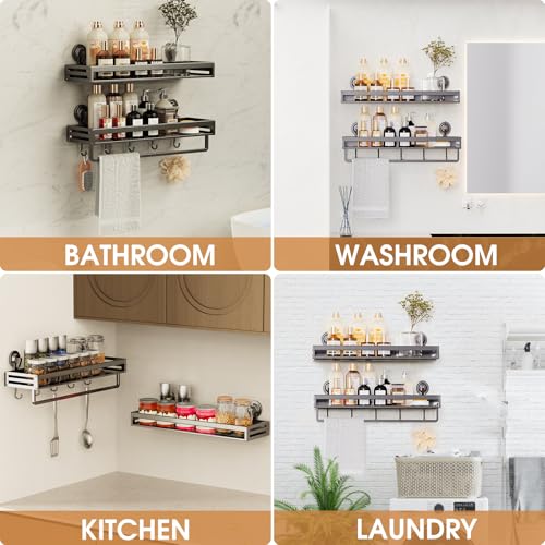CIBOTIES Suction Cup Shower Caddy, 11.8 inch Extended Version, with 5 Hooks & Towel Rrack, No Drilling Required, Rust-Resistant Bathroom Shower Organizer,Dark Grey by CIBOTIES - Image 4