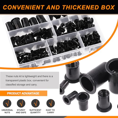 Rustark R-1513 180Pcs Sae Rivet Nuts Carbon Steel Black Zinc Plated Rivet Nuts Assortment Kit Knurled Flat Head Rivnuts Threaded Insert Nuts thumb #4