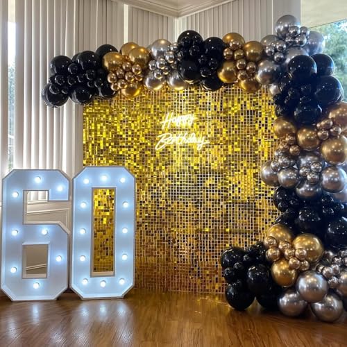 Image of COKAOBE Gold Shimmer Wall Backdrop, 24PCS Square Sequin Shimmer Backdrop Panel, Photo Backdrops for Birthday, Anniversary, Wedding, Graduation & Bachelorette Party Decoration