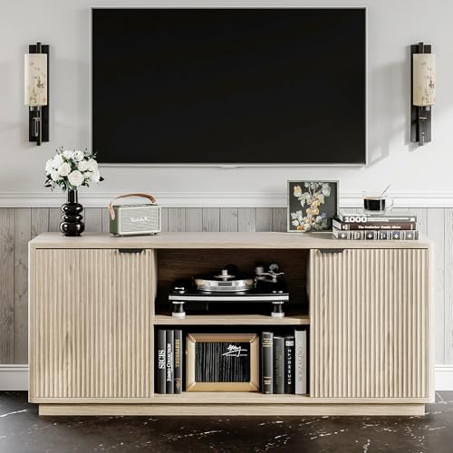 LZLUOB 60'' Fluted TV Stand, Console Table, Mid Century Modern Curved TV Stands with Water Wave Shaped Door, Entertainment Center with Metal Handle, Living Room (Cream Yellow Wood Grain)