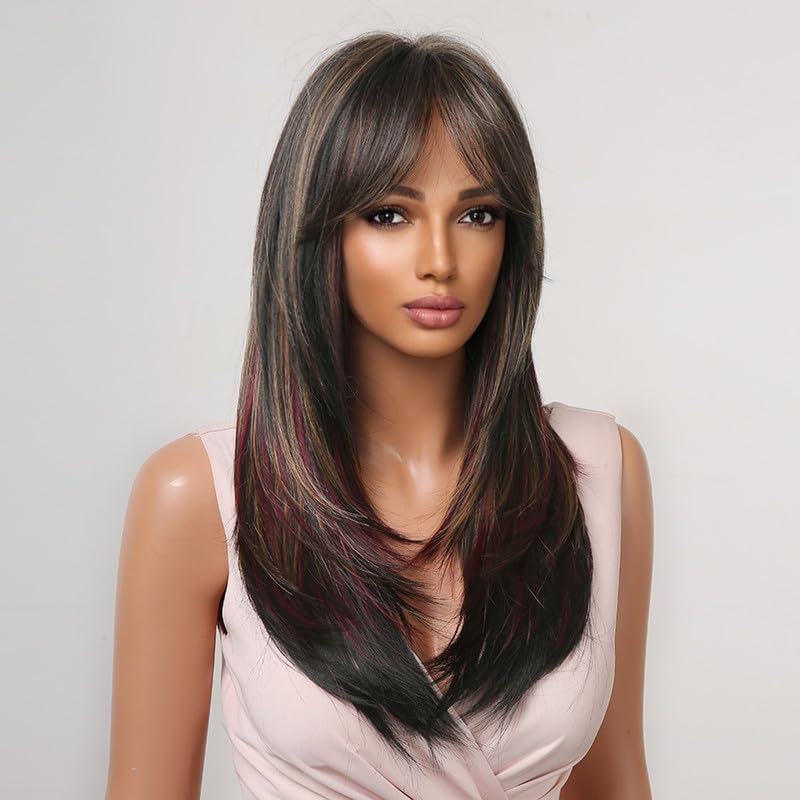 LANOVA Long Copper Red Layered Hair Wig,Auburn Red Highlighted Wigs with Curtain Bangs,Long Straight Synthetic Hair Red Full Wig LANOVA-293