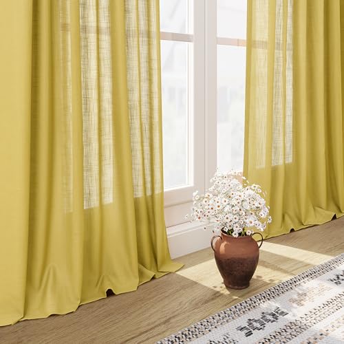 Image of Nanspring Extra Long Linen Curtains 120 Inch for Living Room Celery Yellow