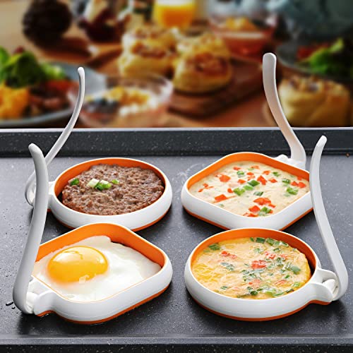 GOYLSER White Food Grade Silicone Egg Rings, 2 Pack Square Egg Rings + 2 Pack Round Egg Molds for...