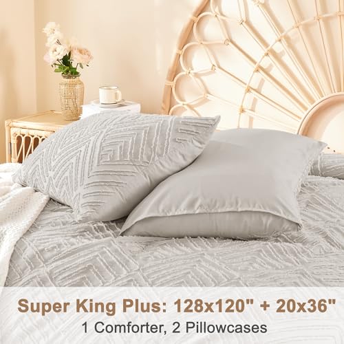 Image of Litanika Super King Plus Comforter Linen Grey, 3 Pieces Tufted Boho Farmhouse Bedding Comforter Set, Lightweight Fluffy All Season Comforter Set (120x128In Comforter & 2 Pillowcases)