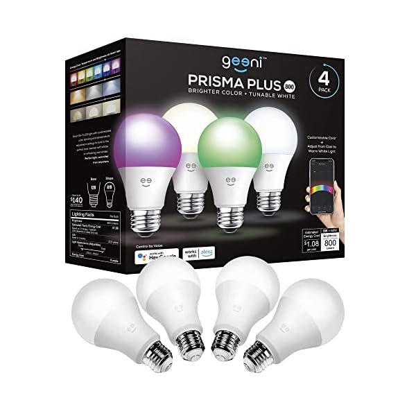 Geeni Prisma Plus 800 WiFi LED Smart Light Bulb (4-Pack), 2700-6500K Tunable Hue White to RGB, Dimmable, A19 60W, No Hub Required, Light Bulb Compatible with Alexa, Google Assistant