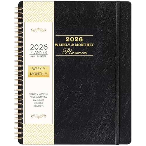 2026 Planner - Planner 2026, JAN 2026 - DEC 2026, 9" x 11", 2026 Weekly Monthly Planner, Elastic Closure, Tabs, Spiral Bound, Black