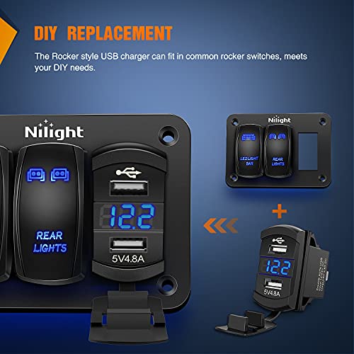 Image of Nilight 12V Rocker Switch Style Dual USB Charger with LED Voltmeter | Suitable for Nilight Toggle Switch Panel with Inline Fuse for Boats RVs Trucks Cars
