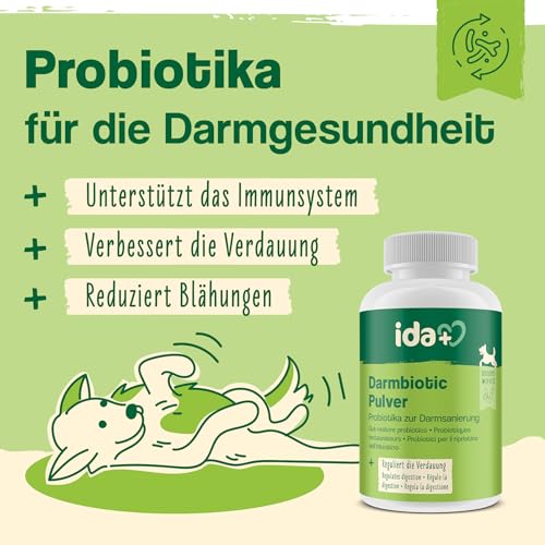 Ida Plus Darmbiotic Pulver – Probiotika zur Darmsanierung für den Hund + Präbiotika - Darmflora aufbauen nach Durchfall - gesunde aktive Darmbakterien – Immunsystem – Regulierung Verdauung – 180g