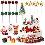 22 PCS Cake Topper Merry Christmas Cake Decorations Cupcake Toppers with Balls Snowman Christmas Tree and Present Box for Xmas Party
