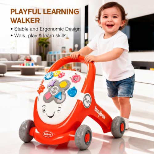 Image of Baybee Oleo Baby Walker for 6-18 Months | Activity Push Walker with Music & LED Lights | Stable Wheels, Easy Grip Handle | Educational Walker for Boys & Girls 0-2 Years (Red)