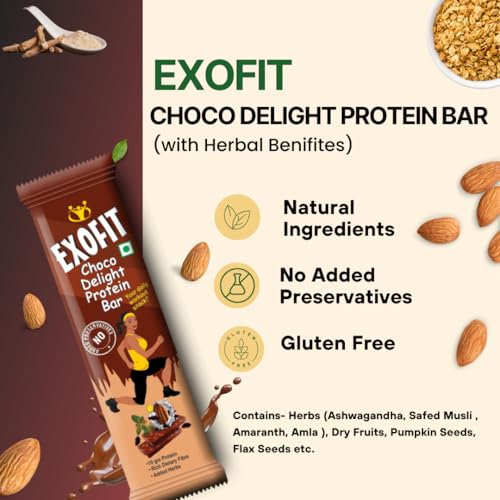 Image of Exofit Choco Delight Protein Bar - 35g x 4 Bar (140g Total) | High Protein Blend, Low Calorie,High Fiber, No Preservatives & Sugar| Healthy Protein Snack for Gym & Weight Management