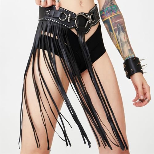 Earthradius Punk Style Leather Tassel Skirt with Fringe Leather Rivet Wide Waistband Belt for Dresses Skirt Trousers3
