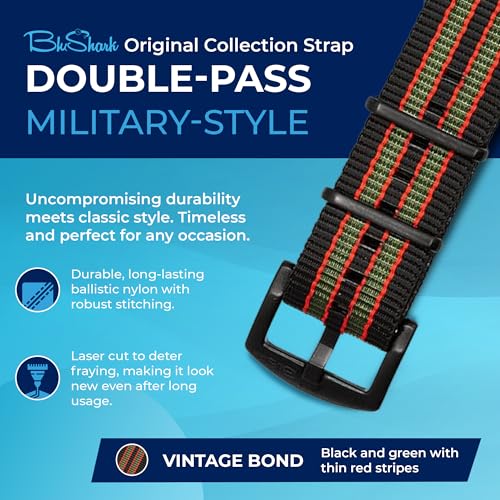 Image of BluShark - Original Collection Military-Style Waterproof Watch Strap, Fits All Timepiece Brands, Durable Nylon Wristwatch Accessories with Stainless Steel Buckle - 18mm, 20mm, 22mm & 24mm Watch Bands