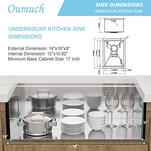 14 Inch Undermount Workstation Kitchen Sink Oumuch 14"X19"X9" Stainless Steel Ledge Workstation 18 Gauge 9 Inch Deep Single Bowl Basin #TOP6