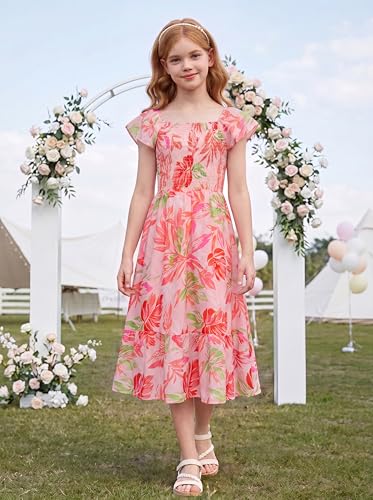 GRACE KARIN Girls Summer Hawaiian Dresses Size 10 Tween Girl Floral Easter Dress Kids Spring Maxi Party Dress,Blush — view 3