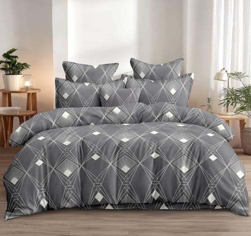 Image of Cotton Feel Glace Double Bed Fitted Bedsheet All Around Elastic Queen Size with 2 Pillow Covers (60 inch x 78 inch inches, Hexa Grey)