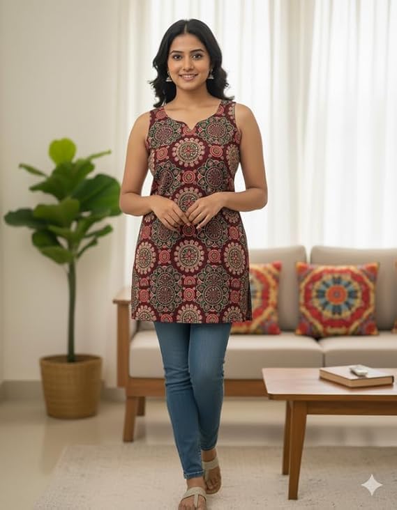 Image of Reyon Sleeveless Short Kurti for Women | Tunic for Jeans Short Kurti | Stylish Straight Ladies Kurta | Ethnic Kurta for Girls | Red