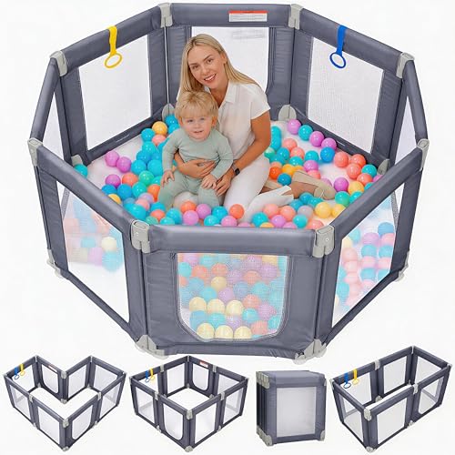 Image of Kidirect Foldable Baby Playpen, 47"×49" Small Play Pen for Babies Toddlers, 360° Vision Mesh Play Yard with Zipper Gate, Adjustable Shape Portable Indoor Outdoor Safety Baby Fence with Handles, Grey