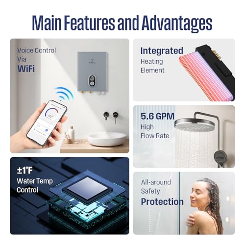 Westinghouse Wifi Tankless Water Heater Electric,24kW 240V,Whole House,Gray