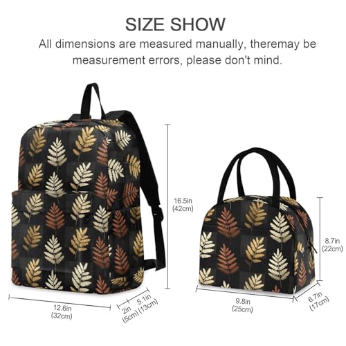 Decor Leaf Print Backpack Set with Lunch Bag, Large Capacity Travel Backpacks and Lunch Box Insulated for Commute Hiking Picnic2