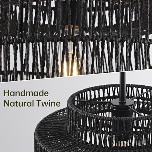 Image of 12.4 inch Black Boho Rattan Chandelier Light Fixture, 1-Light Hand Woven Pendant Light Fixture Farmhouse Rustic Hanging Lamp for Kitchen Island Bedroom, Dining Room, Living Room, Entryway, Foyer