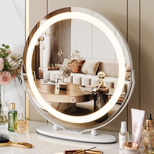 IDEALHOUSE 19 inch Makeup Mirror with Lights, Vanity Mirror with Smart Touch Control 3 Colors Dimmable Lights, 360°Rotation White Vanity Mirror for B