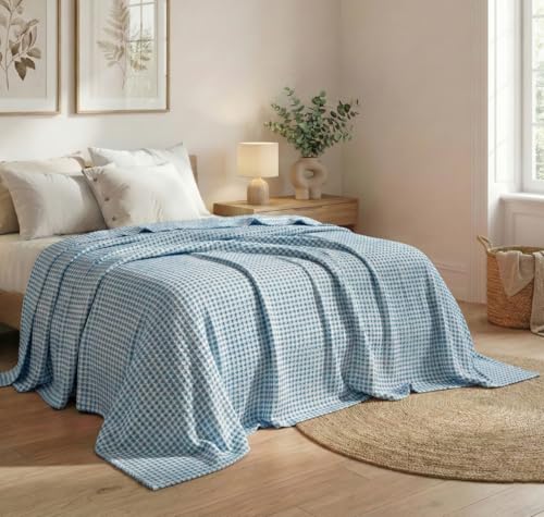 SANMARINO Cotton Waffle Summer Blanket Double Bed – Lightweight Breathable AC Blanket, Soft Cooling Bedspread for All Season Comfort - Powder Blue 230 x 220 cm, 200–250 GSM