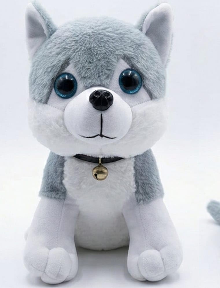 Image of Cute Husky Puppy Soft Toy, 28 cm Premium Plush Stuffed Animal with Bell Collar, Adorable Bedtime Buddy for Kids and Birthday Gifting