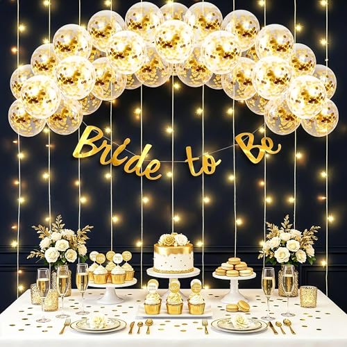 Image of Party Propz Golden Bride to Be Decoration Kit - 10pcs With Bride to Be Banner (cardstock) | Confetti Balloons and Fairy Light | Bridal Shower Decorations Items | Bride to Be Decoration Set Combo