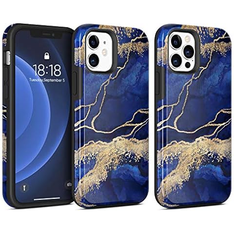 Bosdeny Shiny Marble Case Compatible with iPhone 12 & 12 Pro 6.1 inch (2020), Golden Powder Shockproof Back Cover with TPU Bumper - Gold Powder & Navy Blue Marble Cover