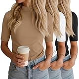 Ficerd - Pack de 3 Camisetas de Cuello Alto Simulado para Mujer, Túnicas de Manga 1/2, Camisetas Básicas Informales de Verano(M,Negro, Blanco, Caqui)