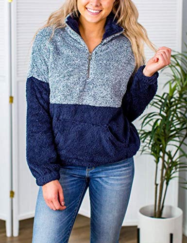 MEROKEETY Women's Long Sleeve Contrast Color Zipper Sherpa Pile Pullover Tops Fleece with Pocket