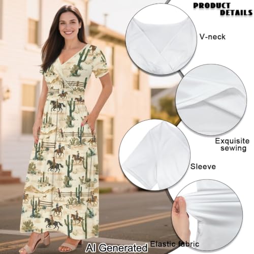 Image of Women's Fall Summer Short Sleeve Ankle Length V-Neck Party Dress with Pockets Size S-3XL