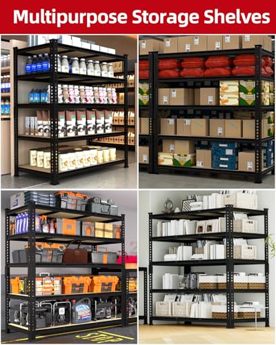 Image of PrimeZone Heavy Duty Garage Storage Shelves - 48 inch W X 24 inch D X 72 inch H Adjustable Metal Shelving Unit, 5 Tier Industrial Shelves for Storage Standing Utility Rack for Warehouse, Basement, Black, 5 Pack