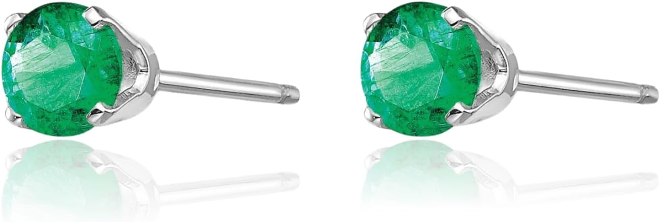 IceCarats 14K Solid White Gold 0.60 carat Green Emerald Medium Stud Earrings 4mm Round Cut, Natural, Prong Set, Butterfly Back For Her