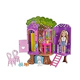 barbie familie sonnenschein Innen gibt es einen Raum mit einer Rutsche, die nach unten führt. Ein weiterer Raum hat ein Fenster, an dem das silberne Teleskop in Position gehalten wird, um die Sterne zu beobachten. und in einem dritten Raum stehen ein Tisch und Zwei Stühle, wo sich Chelsea und ihr Hündchen mit Zwei Masken verkleiden oder einen Cupcake und Saft genießen können